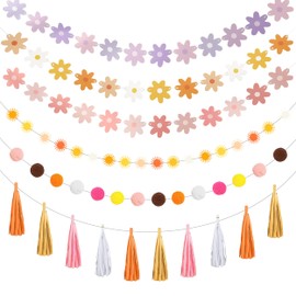 6Pcs Daisy Party Banner, 6 Style Daisy Party Decorations with Paper Tassels, Bohemian Style Daisy Garland Floral Party Banner Daisy Themed Party Decorations for Birthday Wedding Party