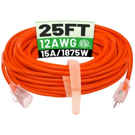 POWGRN 25 ft 12/3 Outdoor Extension Cord Waterproof Heavy Duty with Lighted Indicator End 12 Gauge 3 Prong, Flexible Cold-Resistant Long Power Cord Outside, 15Amp 1875W SJTW Orange ETL Listed