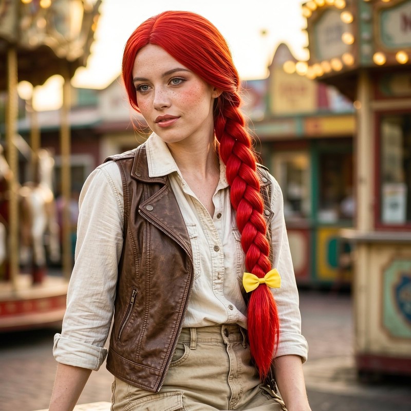 ESUNO 25Inch Long Red Braided Wig Cowgirl Wigs Red Cowboy