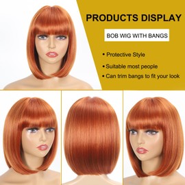 Yunkang Wig With Bangs 12 Inch Ginger color Bob Wig for Women Natural Looking Short Bob Wig With Bangs Heat Resistant Synthetic Hair Wig for Daily Party Cosplay (12inch, Orange)