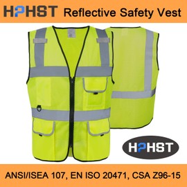 HPHST 5 Pockets High Visibility Reflective Safety Vest,Zipper Front, Meets ANSI/ISEA Standards for Women & Men, Yellow-mesh, XX-Large