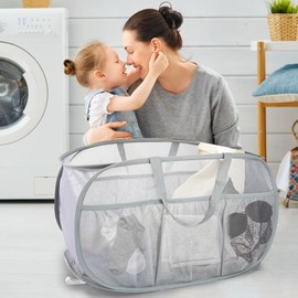 2 Pack Collapsible Laundry Baskets, Upgrade Pop Up Laundry Hamper with Convenient Bags, Foldable Laundry Basket Mesh Light Weight, Easy to Carry Clothes Hampers for Laundry, Dorm, Toys, Travel Grey