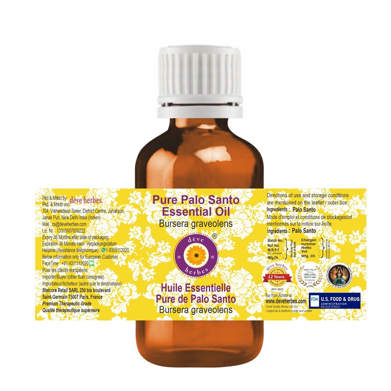 Deve Herbes Pure Palo Santo Essential Oil (Bursera graveolens) Steam