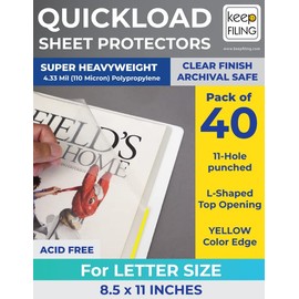 Quick Load Sheet Protectors, 8.5 x 11 Letter Size, Pack of 40, w/Color Edged (Yellow) - Easy Right Hand Insert & Large Capacity Storage by Keepfiling