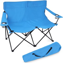 Leonyo Loveseat Camping Chair, Outdoor Folding Double Seat Lawn Chairs for Adults with 2 Cup Holders, 600D Oxford Fabric Portable Camp Chairs with Carrying Bag for Beach, Backyard, Fishing, Blue