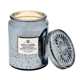 Voluspa Makassar Ebony & Peach Candle | Large Glass Jar | 18 Oz | 100 Hour Burn Time | All Natural Wicks and Coconut Wax for Clean Burning | Vegan
