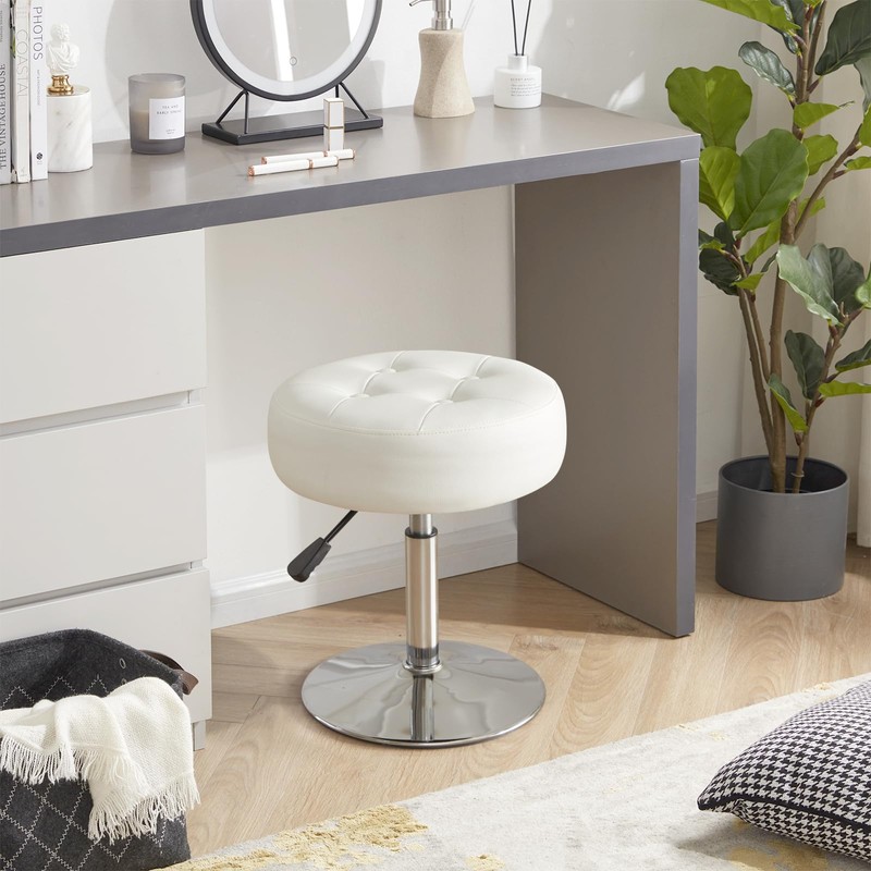 Gitrah White Vanity Chair for Makeup Room Round Ottoman Tufted