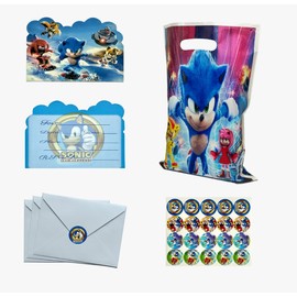 Rovercci 20 Sonic invitation card & 20 white envelopes with 20 Sonic stickers and 20 Sonic Goodie Bags party favor with handles for birthday party decoration