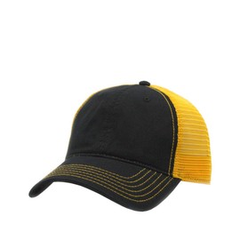The Vintage Year Washed Cotton Unstructured Soft Mesh Adjustable Trucker Baseball Cap (Black/Black/Gold)