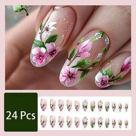 24 Pcs Pink Flower Press on Nails Medium Almond Floral Fake Nails with Designs Peach Blossom False Nails Full Cover Stick on Nails Spring Summer Floral Acrylic Nails for Women Girl Nail Decoration