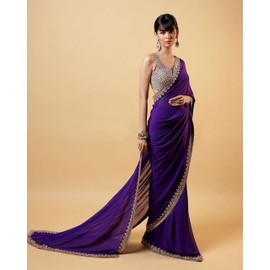 TRENDMALLS Women's Georgette Embroidery Saree with Unstitched Blouse Piece (K1139-Purple)