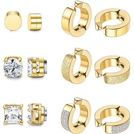 MILACOLATO 6 Pairs Stainless Steel Magnetic Stud Earrings for Men Women Hoop Earrings Clip On Non-Piercing Earrings CZ Hypoallergenic Magnet Earrings Set Male Gold