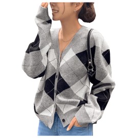 SHENHE Women's Argyle Sweater Button Down V Neck Plaid Cardigan Sweater Outerwear Grey Medium