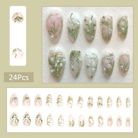 Flower Bow Press on Nails Short Almond Fake Nails with 3D Pearl Diamond Design Pink White Flower Full Cover Stick on Nails Handmade Artificial Gradient Glossy Acrylic Nails False Nails for Women