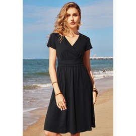 OUGES Women's Summer Black Dresses for Women Short Sleeve Wedding Guest Dress V-Neck Party Dress with Pockets Casual Sundresses for Women 2025(Black,XL)