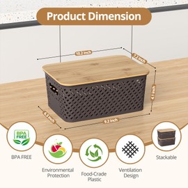 ZFTMRR Plastic Storage Bins with Bamboo Lids, Stackable Small Box Baskets for Organizing and Containers for Shelves Drawers Desktop Closet Pantry Classroom Office Home, 6 Pack 10.2x7.2x4.1 Inch, Brown