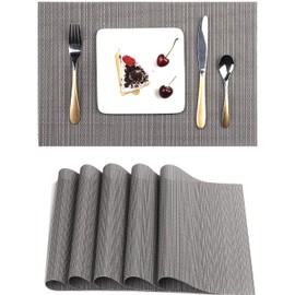 Myir JUN Table Mats Set of 6, Place Mats Table Placemats Washable Non-slip Heat Insulation Woven Vinyl for Kitchen Dinning Restaurant 18"X12" (Dark Gray)