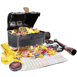 JOYUE Pirate Treasure Chest Gold Coins Gemstone Pirate Treasure Set, Pirate Treasure Chest Gemstones for Treasure Hunt, Pirate Party Favor, Children's Toy Pirate Party Decoration Party Bag