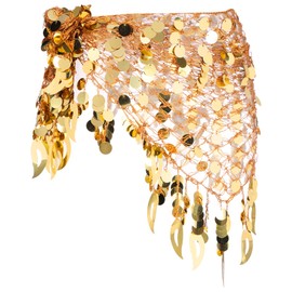 MECCANIXITY Women's Belly Dance Hip Scarf with Sequins Mesh Triangle Wrap Skirts Waist Chain for Music Festival Party Costume Performance(Gold Tone)
