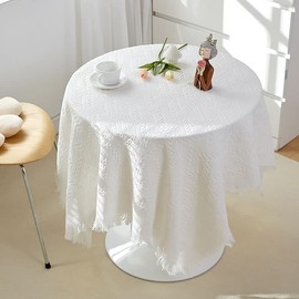 Knitted Tablecloth White Knit Small Tablecloth Knitted Tassel Tablecloth Bedside Tablecloth Single Sofa Cover Table Cloth for Small Coffee Table (130*130 CM)