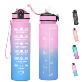 Toced Sport Water Bottle, 1L Water Bottle with Straw and Time Markings, Reusable Motivational Leakproof Water Bottle BPA Free Lid, Durable Drink Bottle for Gym, Sports, Outdoor (Pink-Blue Gradient)
