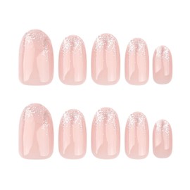 Short Press on Nails Almond Fake Nails French Glitter Acrylic Nails Nude Translucent Artificial Nails Gold Glossy Glitter Stick on Nails for Women 24 Pcs