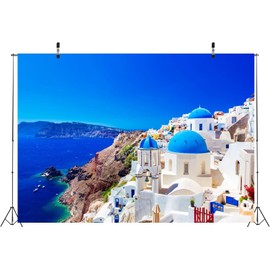 CORFOTO Fabric 9x6ft Greece Photo Backdrop Santorini Island Oia Village Backdrop Greece Photography Background for Greece Themed Party Banner Mamma Mia Birthday Decor Bridal Shower Photo Booth