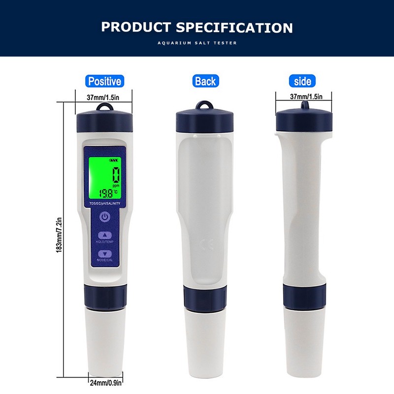 5-in-1 Digital Salt Tester for Aquarium and Pool TDS, pH,