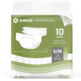 SUNKISS Masterpiece Adult Diapers with Tabs, Unisex Disposable Incontinence Briefs for Women and Men, Odor Control, White, Small/Medium, Previously Medium, 10 Count