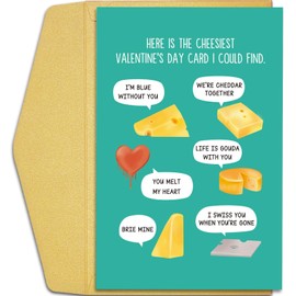 Humorous Cheese-Themed Valentine's Day Card with Witty Food Puns On Turquoise Background,Cheesy Valentines Day Card for Men Women Gifts, Here Is The Cheesiest Valentine's Day Card I Could Find