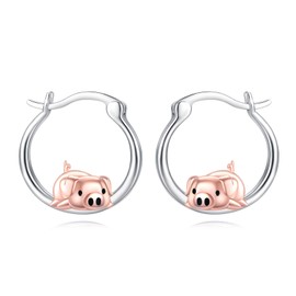 VONALA 925 Sterling Silver Cute Animal Hoop Earrings Jewelry for Women Animal Lovers (pig)
