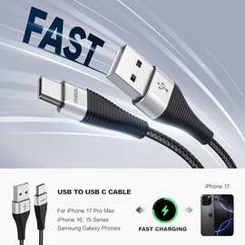 USB A to USB C Cable 6FT, 3Pack Type C Charger Cord Fast Charging, Durable USB to USB C Cable, Type C Cable Braided USBC Cord for iPhone 17/16/15/Pro 
