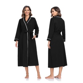 COLORFULLEAF 100% Cotton Dressing Gown Women's Lightweight Long Sauna Bathrobe Long Sleeve Kimono with Pockets Women Sleepwear, black