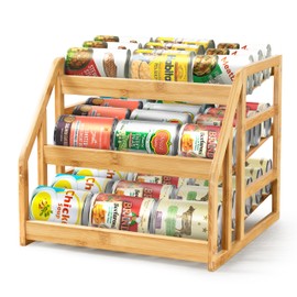 HOMESTEAD 3-Tier Bamboo Pantry Can Organizers - 36 Cans Dispenser Rack, Flexible Dividers, Canned Goods Organizer For Pantry Shelves & Kitchen Storage Organization