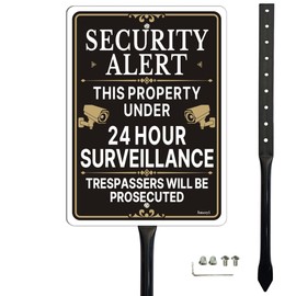 Smeryl Security Alert This Property Under 24 Hour Surveillance Trespassers Will Be Prosecuted Sign with 17.7" Stake for Yard, 10” x 7” 24 Hour Surveillance Sign, Rust-Free Aluminum, Weatherproof, Easy