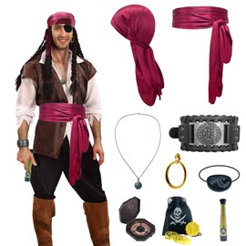 SHOHOKU 9PCS Pirate Costume Accessories for Men Women Bandana,Head Scarf,Sash,Waist Chain, Necklace,Compass,Earring,Binocular,Coins,Bracelet
