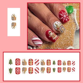 24Pcs Christmas Fake Nails Square Short Press on Nails Cute Gingerbread Man Glue on Nails Christmas Tree Full Cover Design Red Acrylic False Nails Snowflake Stick on Nails for Women Winter Manicure