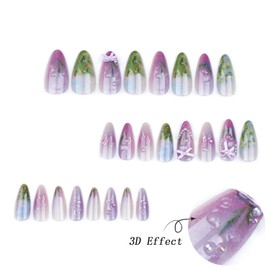 24Pcs Purple Press on Nails Medium Almond Fake Nails with 3D Bow Pearl Designs Glue on Nails Spring Summer Flower Acrylic Nails Cute Floral False Nails Full Cover Glitter Stick on Nails for Women