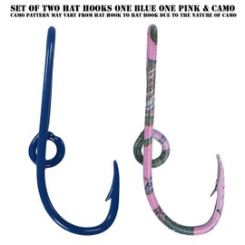 Two Eagle Claw Pink & Camo and Blue Hat Hook Fish Hook at Pin for Hat Fish Hook Tie Clip - Set of Two Hat pins one Pink & Camo and one Blue