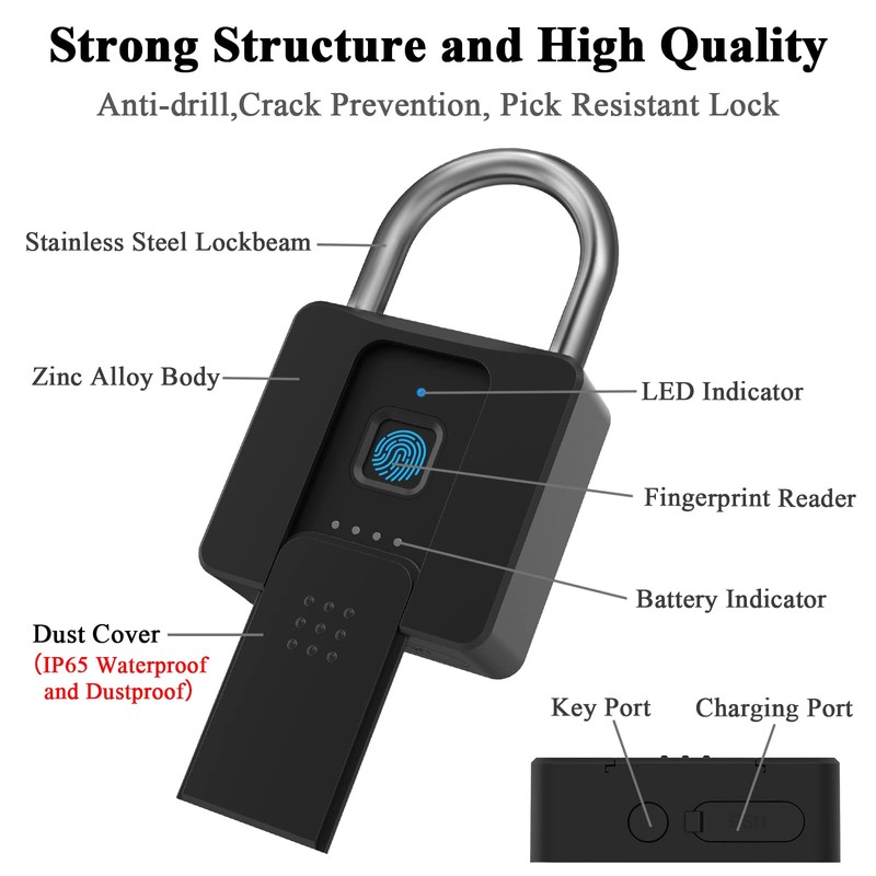 Fingerprint Padlock, Dhiedas Pad Lock with Fingerprint Bluetooth Key Waterproof