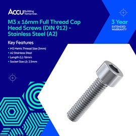 Accu - M3 x 16mm Full Thread Cap Head Screws (DIN 912) - Stainless Steel (A2) (Pack of 100)