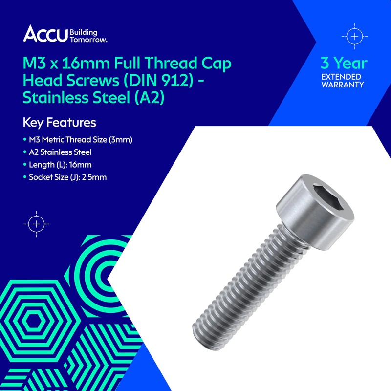 Accu - M3 x 16mm Full Thread Cap Head Screws