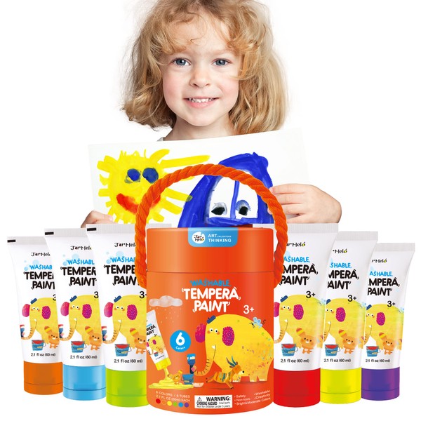 Jar Melo Washable Tempera Paint for Toddlers 3 4 5 6 7 8+ Age Activity, 6 Color 2.1fl oz Non Toxic Kids Paint for Finger Painting School Classroom Art Supplies Craft Projects Birthday Christmas Gift