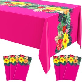 Irenare 6 Sheets Hawaiian Luau Tablecloths for Party Decoration 54 x 108'' Tropical Palm Leaves Table Cloth Hawaii Disposable Rectangular Plastic Table Cover for Summer Beach (Rose Red)