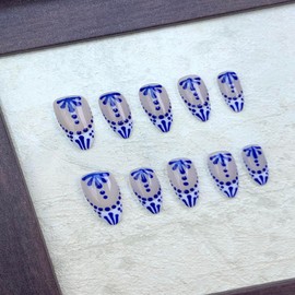 100% Handmade Press on Nails Medium Almond Handmade Nails with Flower Design Blue False Nails Glossy Skin Tones Floral Nail Press ons Reusable Acrylic Fake Nails for Women Girls Size M 10Pcs