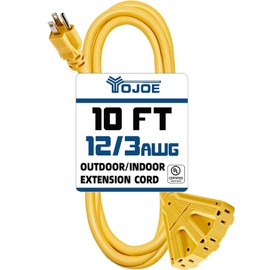 YOJOE 3-Outlet Indoor/Outdoor Extension Cord, 10 FT Yellow, 12 Gauge, 15A, 1875W, 3 Prong Grounded Plug, SJTW, UL Listed