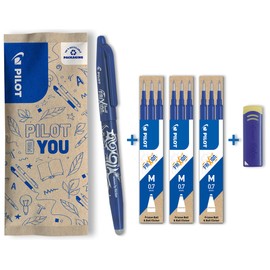PILOT FriXion Ball 0.7 Set - 1 Pen, 9 Refills, 1 Eraser - Blue - Erasable Rollerball Pen 0.4 mm Line Width, Comfortable Writing Guide When Writing, Thermosensitive Ink, with Replaceable Refill