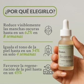 Serum Niacinamida 10% + Regaliz Acción Antimanchas e Imperfecciones Unifica el Tono, Ilumina y Suaviza Minimiza Poros y Controla el Brillo Para Todo tipo de Piel Skin Care Biune. 30 ml