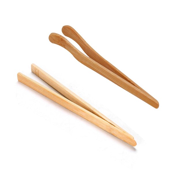 Pack of 2 Kitchen Tongs, 18 cm Bamboo Toast Barbecue