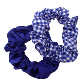 Topkids Accessories 2pc Gingham and Plain Small Scrunchie Set, School Uniform Hair Accessories, Girls, Ladies Ponytail Holder, Dia. 8cm/3.15" (Royal Blue)